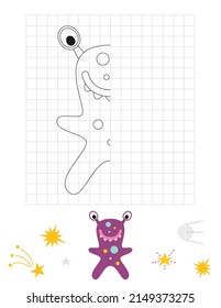 Space Activities For Kids. Finish The Picture – Cartoon Cute Alien. Logic Games For Children. Drawing Grid. Coloring Page. Vector Illustration.