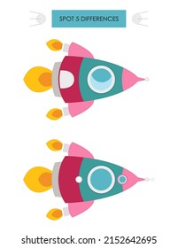 Space activities for kids. Spot 5 differences. Rocket ship. Vector illustration.