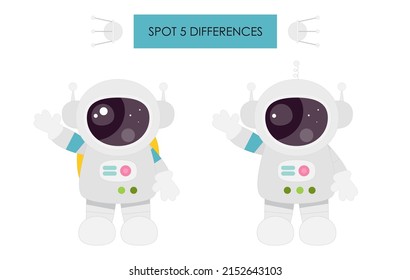 Space activities for kids. Spot 5 differences. Cute Astronaut. Vector illustration.