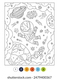 Space Activity pages for kids. Color by numbers.  Vector outline illustration. Astronaut in space. Sky, galaxy, planets, stars, cosmos