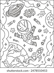 Space Activity pages for kids. Coloring book for children. Vector outline illustration. Astronaut in space. Sky, galaxy, planets, stars, cosmos