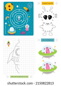 Space Activity pages for kids. Printable activity sheet with mini games – Maze game, Dot to dot, Finish the Picture, Spot differences. Vector illustration. Cute Aliens.