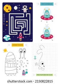 Páginas de actividad espacial para niños. Hoja de actividades imprimible con mini juegos - juego de Maze, Punto a punto, Finalizar la imagen, diferencias de punto. Ilustración vectorial. Caracteres de espacio personalizados.