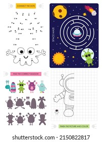 Páginas de actividad espacial para niños. Hoja de actividades imprimible con mini juegos - juego de Maze, Punto a punto, Finalizar la imagen, Buscar la sombra correcta. Ilustración vectorial.