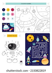 Páginas de actividad espacial para niños. Hoja de actividades imprimible con mini juegos - juego de Maze, Punto a punto, Color por números. Ilustración vectorial. Astronauta de caricaturas.