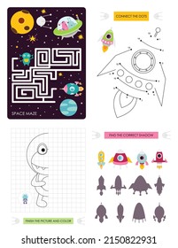 Páginas de actividad espacial para niños. Hoja de actividades imprimible con mini juegos - juego de Maze, Punto a punto, Finalizar la imagen, Buscar la sombra correcta. Ilustración vectorial. Caracteres de espacio personalizados.