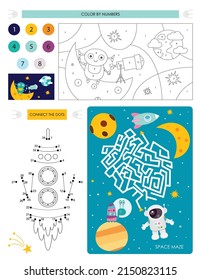 Raumfahrtaktivitäten für Kinder. Druckbares Aktivitätsblatt mit Mini-Spielen - Maze-Spiel, Dot to dot, Farbe nach Zahlen. Vektorgrafik. Cute Space Zeichen.