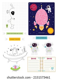 Space Activity pages for kids. Printable activity sheet with mini games – Maze game, Dot to dot, Finish the Picture, Spot 5 differences, Notes. Vector illustration.