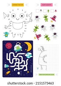 Páginas de actividad espacial para niños. Ficha de actividad imprimible con mini juegos - juego de Maze, Punto a punto, Finalizar la imagen, Cuántos. Ilustración vectorial.