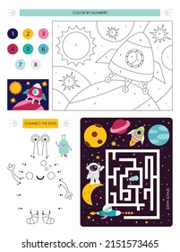 Páginas de actividad espacial para niños. Hoja de actividades imprimible con mini juegos - juego de Maze, Punto a punto, Color por números. Ilustración vectorial. Cohete de colores.