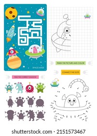 Páginas de actividad espacial para niños. Hoja de actividades imprimible con mini juegos - juego de Maze, Punto a punto, Finalizar la imagen, Buscar la sombra correcta. Ilustración vectorial. Caracteres de espacio circular.