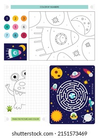 Páginas de actividad espacial para niños. Hoja de actividades imprimible con mini juegos - juego de Maze, Punto a punto, Color por números. Ilustración vectorial. Caracteres del espacio Doodle.