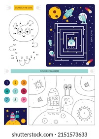 Páginas de actividad espacial para niños. Hoja de actividades imprimible con mini juegos - juego de Maze, Punto a punto, Color por números. Ilustración vectorial. Caracteres del espacio de dibujos animados.