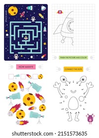 Páginas de actividad espacial para niños. Ficha de actividad imprimible con mini juegos - juego de Maze, Punto a punto, Finalizar la imagen, Cuántos. Ilustración vectorial. Caracteres de espacio personalizados.