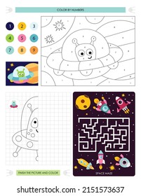 Space Activity pages for kids. Printable activity sheet with mini games – Maze game, Dot to dot, Color by numbers. Vector illustration.