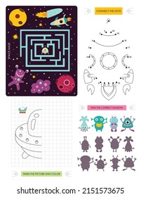 Páginas de actividad espacial para niños. Hoja de actividades imprimible con mini juegos - juego de Maze, Punto a punto, Finalizar la imagen, Buscar la sombra correcta. Ilustración vectorial. Caracteres del espacio de dibujos animados.