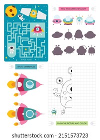 Páginas de actividad espacial para niños. Hoja de actividades imprimible con mini juegos - juego Maze, diferencias Spot 5, Finalizar la imagen, Buscar la sombra correcta. Ilustración vectorial. Caracteres del espacio de dibujos animados.