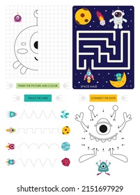 Páginas de actividad espacial para niños. Hoja de actividades imprimible con mini juegos - juego de Maze, Punto a punto, Finalizar la imagen, Rastrear las líneas. Ilustración vectorial.