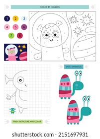 Space Activity pages for kids. Printable activity sheet with mini games – Finish the Picture, Spot differences, Color by numbers. Vector illustration. Cartoon Space characters.