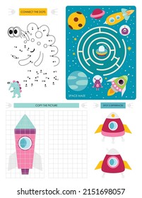 Páginas de actividad espacial para niños. Hoja de actividades imprimible con mini juegos - juego de Maze, Conectar los puntos, Copiar la imagen, diferencias de punto 5. Ilustración vectorial. Caracteres del espacio de dibujos animados.