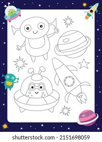 Space Activity pages for kids. Printable activity sheet with mini games - Space coloring page printable. Preschool Space. Rocket ship, cute aliens, flying saucer. Coloring Book. Vector illustration.