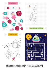 Páginas de actividad espacial para niños. Ficha de actividades imprimible con mini juegos - juego de Maze, Punto a punto, Finalizar la imagen, ¿cuántas? Ilustración vectorial. Caracteres del espacio de dibujos animados.