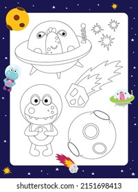 Space Activity pages for kids. Printable activity sheet with mini games - Space coloring page printable. Preschool Space. Moon, cute aliens, flying saucer. Coloring Book. Vector illustration.