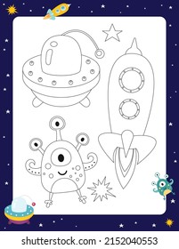 Space Activity pages for kids. Printable activity sheet with mini games - Space coloring page printable. Preschool Space. Flying saucer, cute aliens, rocket ship. Coloring Book. Vector illustration.