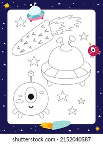 Space Activity pages for kids. Printable activity sheet with mini games - Space coloring page printable. Preschool Space. Flying saucer, cute aliens, comet. Coloring Book. Vector illustration.