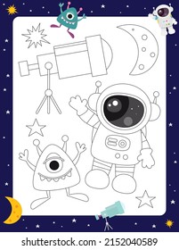 Space Activity pages for kids. Printable activity sheet with mini games - Space coloring page printable. Preschool Space. Telescope, cute aliens, astronaut, moon. Coloring Book. Vector illustration.