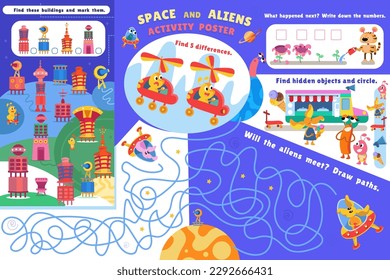 Afiche de la actividad espacial. Rompecabezas, laberinto, encontrar diferencias, escribir números. Página de color. Juegos para niños de preescolar. Personajes de dibujos animados. Ilustración vectorial. 