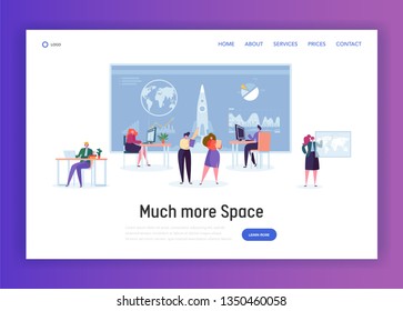 Space Administration Office Landing Page. Character Work on Aeronautics and Aerospace Research. Engineer Construct Rocket for Visit Orbit Website or Web Page. Flat Cartoon Vector Illustration