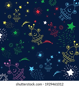 Space adventure of an alien in the night sky. Flying, cheerful alien traveler among the planets, stars. Vector illustration.
