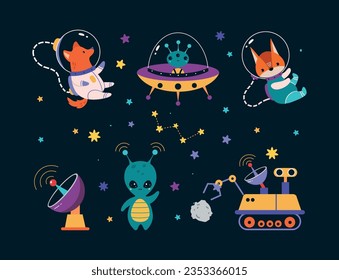 Space Adventure with Animal Astronaut Character and Alien Vector Set