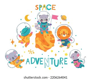 Space adventure animals children print, astronauts in suits. Funny lion and koala flying with planets and stars. Cute childish nowaday vector background
