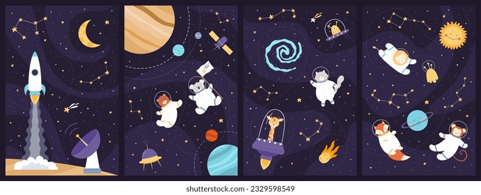 La aventura espacial de los animales astronautas ilustra el vector. Dibujo de arte infantil con adorables exploradores en casco y espacio volando en galaxia con cohetes y planetas, estrellas en constelación