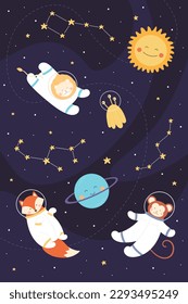 Space adventure of astronaut animals vertical vector illustration. Cartoon childish art design with cute explorers in helmet and spacesuit flying in galaxy with rocket planets, stars in constellation