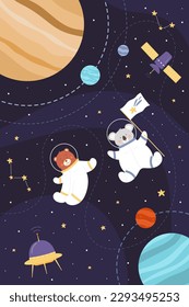 Space adventure of astronaut animals vertical vector illustration. Cartoon childish art design with cute explorers in helmet and spacesuit flying in galaxy with rocket planets, stars in constellation