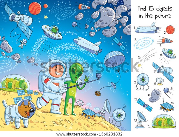 Space adventure. Astronaut makes selfie with an Alien on Mars. Shows peace sign. Find 15 objects in a picture. Interplanetary friendship. Intergalactic world. Puzzle Hidden Items. Cartoon illustration