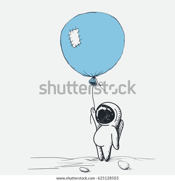 月面飛行士の宇宙冒険 かわいい宇宙人が青い風船を持ち 子どもっぽい手描きのベクトルイラスト のベクター画像素材 ロイヤリティフリー