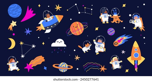 Fondo de aventura espacial con niños y animales en trajes espaciales deslizándose entre las estrellas, Ilustración vectorial de dibujos animados plana aislada en fondo oscuro.