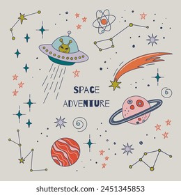 Space adventure background. Hand drawn planets, stars, UFO. Cute cosmic theme clipart. Outline colorful doodles. Retro colors vector illustration for banner, poster, card, sticker, print. 