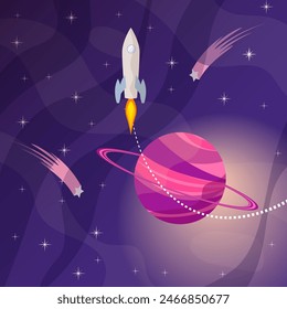 Space adventure. Space background with rocket and red planet. Children's adventures at a space party.