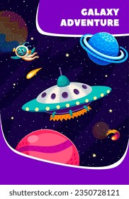 Cartel de aventura espacial. Caricatura volando platillo y extraño gracioso en la galaxia estrellada. Antecedentes vectoriales con viajes en naves espaciales o en naves espaciales extraterrestres en Universo exploran cosmos y galaxias lejanas