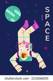 Space adventure banner mockup with astronaut exploring the universe, flat cartoon vector illustration. Cosmos and space exploration futuristic thematic of poster.