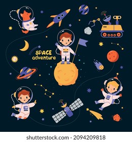 Space Adventure with Boy and Animal Astronaut Character Exploring Galaxy with Planets Around Vector Set