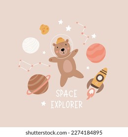 Oso marrón de aventura espacial. Oso de caricatura, letras de dibujos a mano, elementos decorativos. Ilustración vectorial Pastel para niños. Estilo escandinavo y plano. diseño de bebé para tarjetas, carteles, estampado de camisetas.