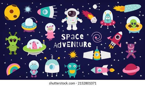 Space adventure cartoon set – Astronaut, Aliens, Rockets, UFO, Planets on space background.  Vector illustration.