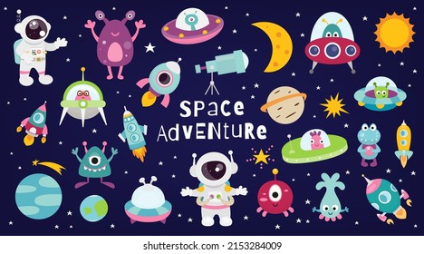 Space adventure cartoon set – Astronaut, Aliens, Spaceship, Flying saucers, Planets on space background.  Vector illustration.