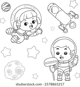 Space adventure cartoon set astronaut boy and girl wearing a space suit and surrounded by stars and a spaceship